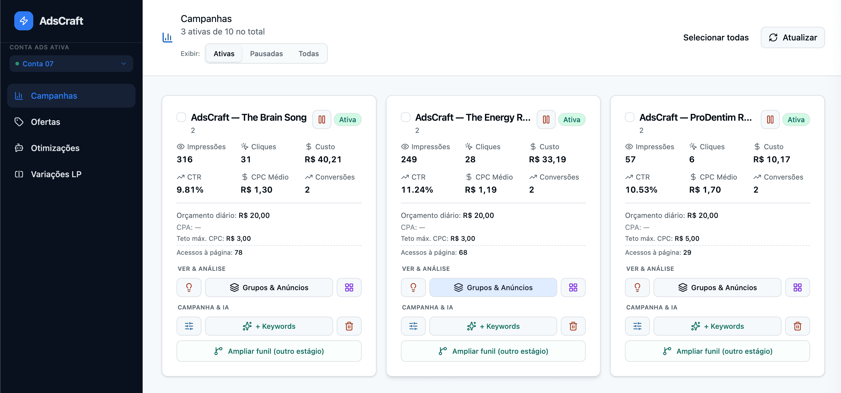 Tela de campanhas do AdsCraft